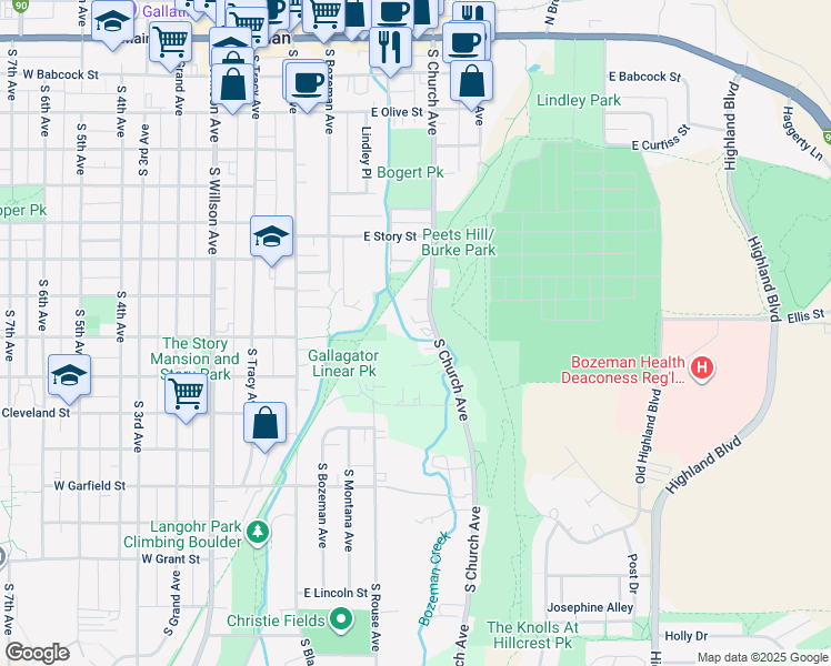 map of restaurants, bars, coffee shops, grocery stores, and more near 719 South Church Avenue in Bozeman