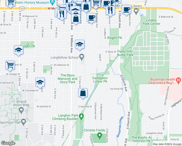 map of restaurants, bars, coffee shops, grocery stores, and more near 716 South Black Avenue in Bozeman
