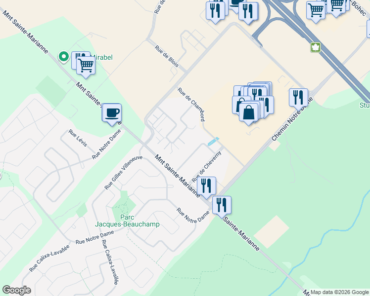 map of restaurants, bars, coffee shops, grocery stores, and more near 18057 Rue de Brissac in Mirabel