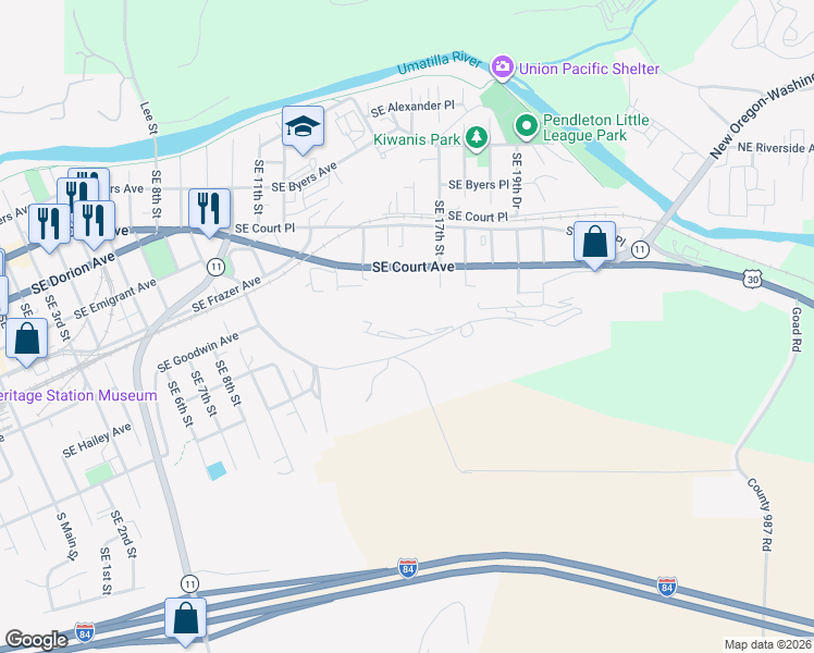 map of restaurants, bars, coffee shops, grocery stores, and more near 1555 Southeast Isaac Avenue in Pendleton