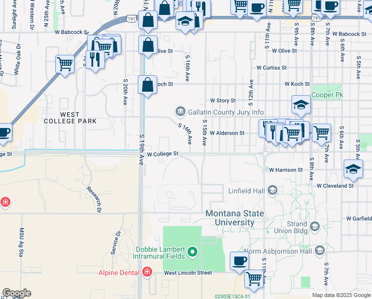 map of restaurants, bars, coffee shops, grocery stores, and more near 1601 West College Street in Bozeman
