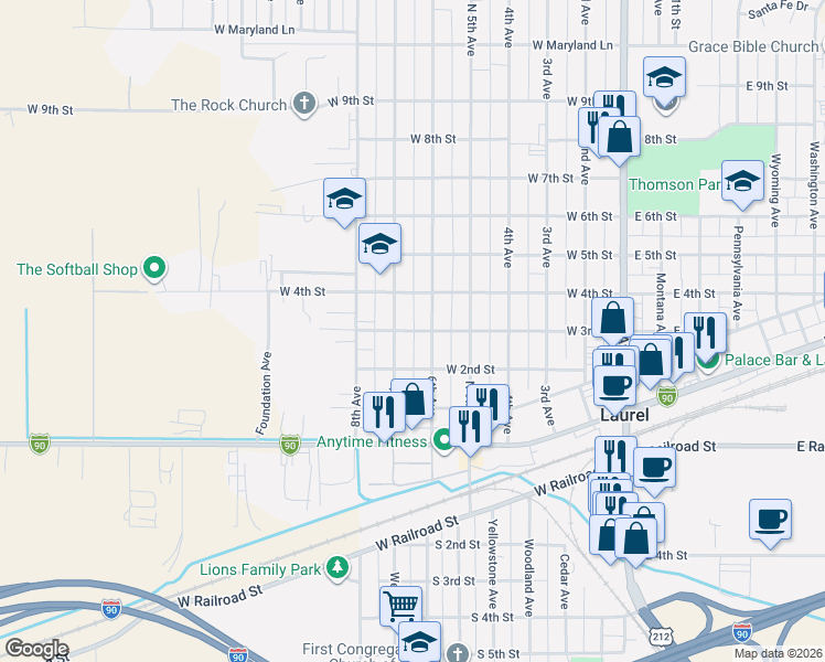 map of restaurants, bars, coffee shops, grocery stores, and more near 315 7th Avenue in Laurel