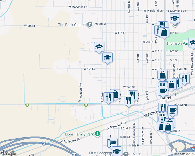map of restaurants, bars, coffee shops, grocery stores, and more near 820 West 4th Street in Laurel
