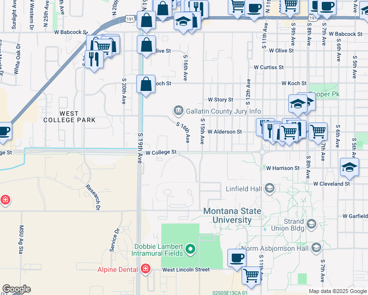 map of restaurants, bars, coffee shops, grocery stores, and more near 709 South 16th Avenue in Bozeman