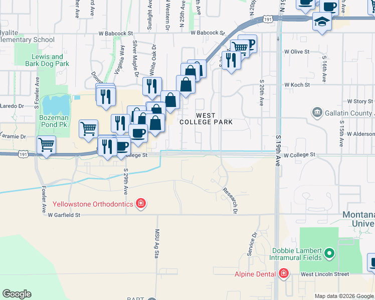 map of restaurants, bars, coffee shops, grocery stores, and more near 766 Professional Drive in Bozeman