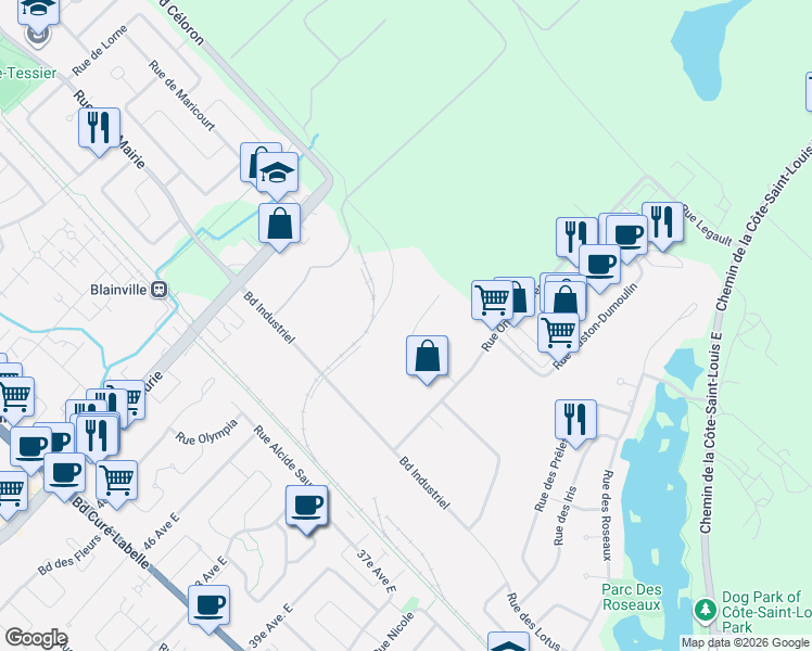 map of restaurants, bars, coffee shops, grocery stores, and more near 60 Rue Marius Warnet in Blainville