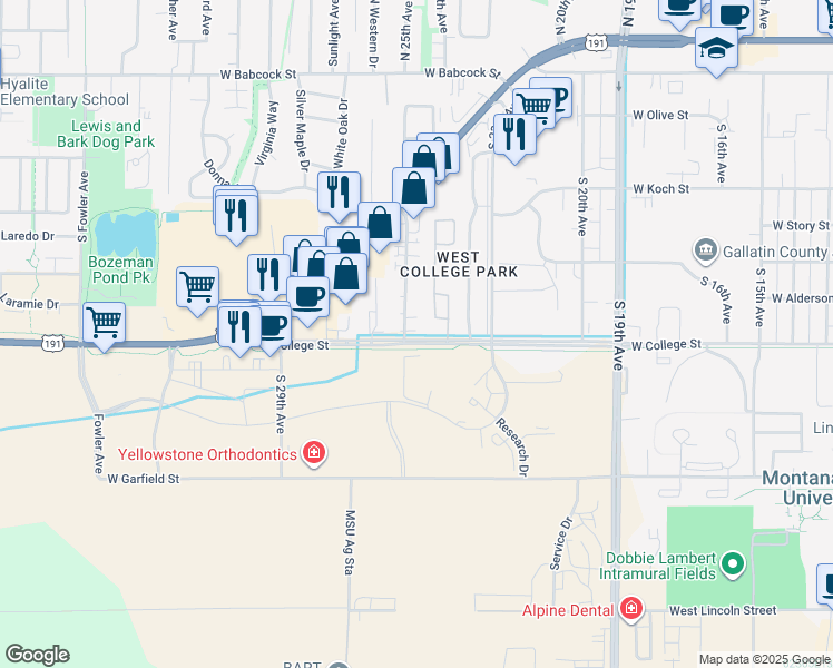 map of restaurants, bars, coffee shops, grocery stores, and more near 766 Professional Drive in Bozeman