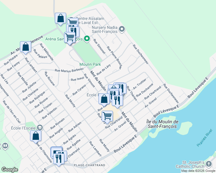 map of restaurants, bars, coffee shops, grocery stores, and more near 8568 Rue Romain in Laval
