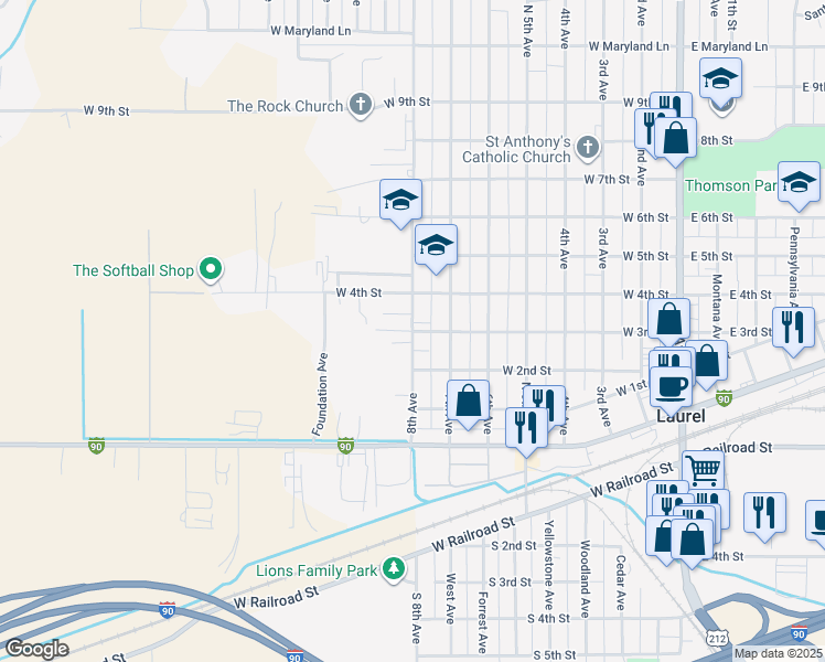 map of restaurants, bars, coffee shops, grocery stores, and more near 813 West 3rd Street in Laurel