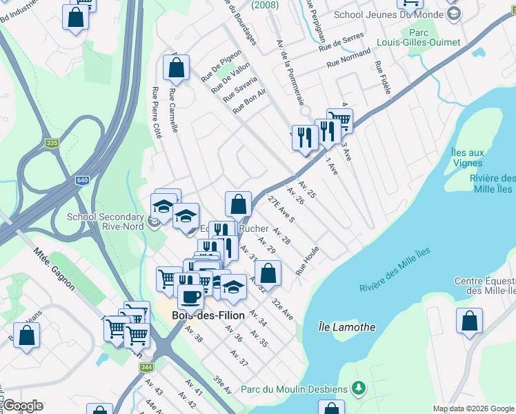 map of restaurants, bars, coffee shops, grocery stores, and more near 350 Boulevard Adolphe-Chapleau in Bois-des-Filion