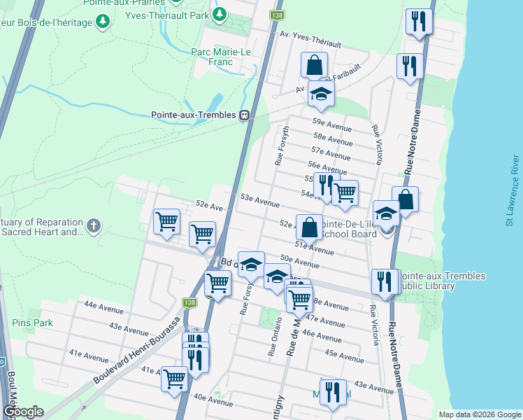 map of restaurants, bars, coffee shops, grocery stores, and more near 14169 Rue Forsyth in Montréal