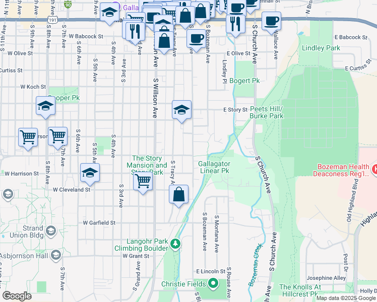 map of restaurants, bars, coffee shops, grocery stores, and more near 615 South Black Avenue in Bozeman