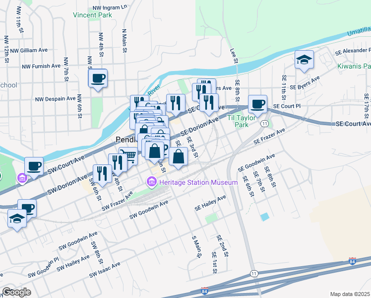 map of restaurants, bars, coffee shops, grocery stores, and more near 344 1/2 Southeast 3rd Street in Pendleton