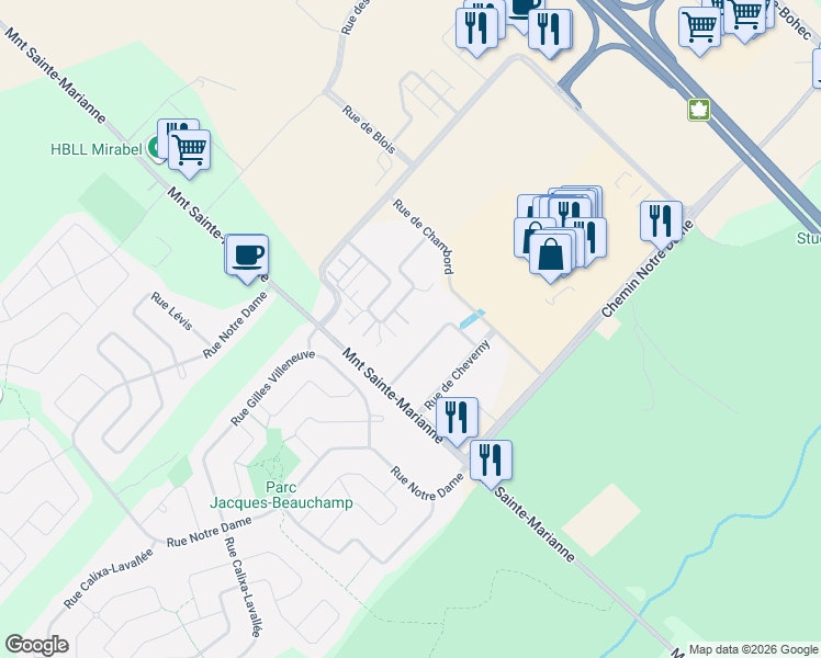 map of restaurants, bars, coffee shops, grocery stores, and more near 18079 Rue de Brissac in Mirabel