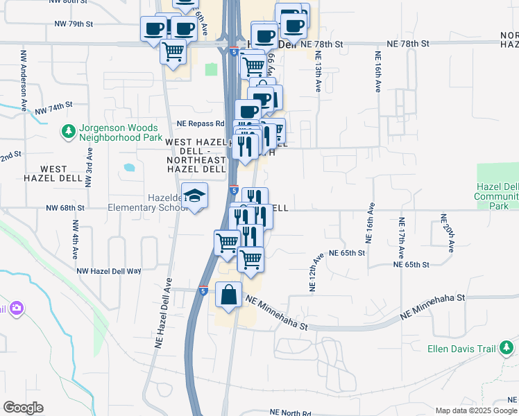 map of restaurants, bars, coffee shops, grocery stores, and more near in Hazel Dell