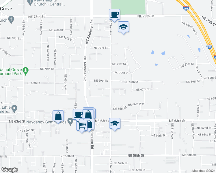 map of restaurants, bars, coffee shops, grocery stores, and more near 7210 Northeast 67th Street in Vancouver