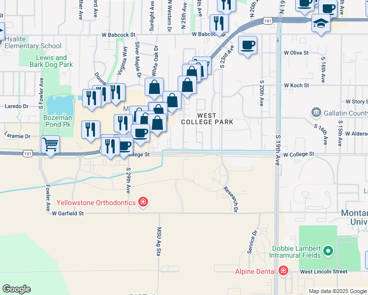 map of restaurants, bars, coffee shops, grocery stores, and more near 776 Professional Drive in Bozeman
