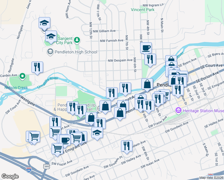 map of restaurants, bars, coffee shops, grocery stores, and more near 16 Northwest 10th Street in Pendleton