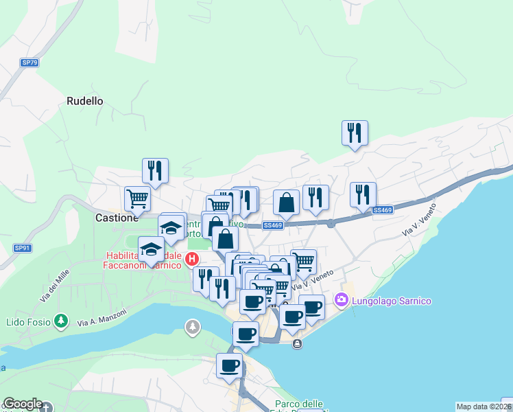 map of restaurants, bars, coffee shops, grocery stores, and more near 13 Via Alpini in Sarnico