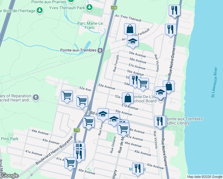map of restaurants, bars, coffee shops, grocery stores, and more near 14192 Rue Forsyth in Montréal