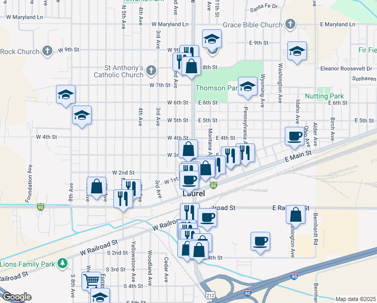 map of restaurants, bars, coffee shops, grocery stores, and more near 317 2nd Ave in Laurel