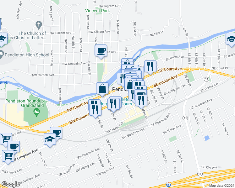 map of restaurants, bars, coffee shops, grocery stores, and more near 201 Southwest Court Avenue in Pendleton