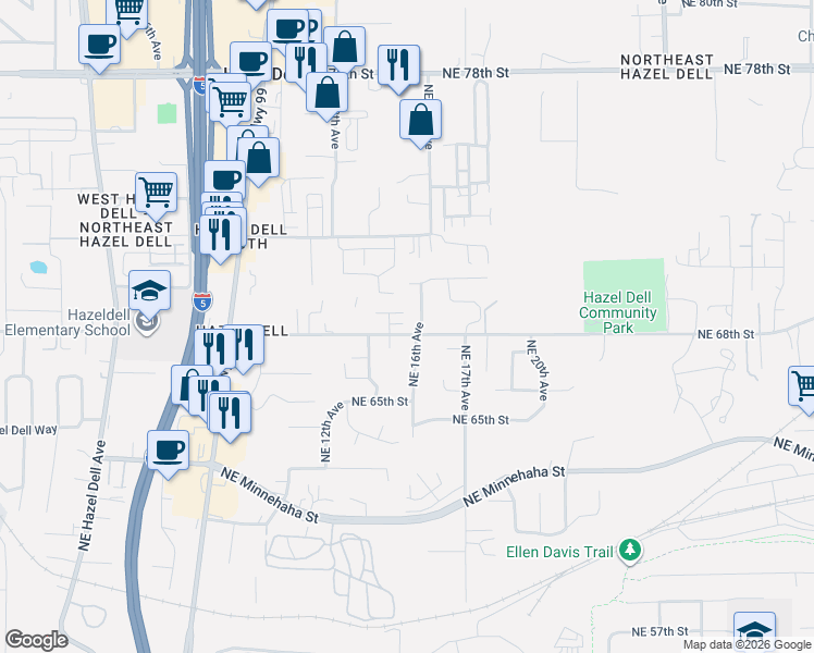 map of restaurants, bars, coffee shops, grocery stores, and more near 1416 Northeast 68th Street in Vancouver