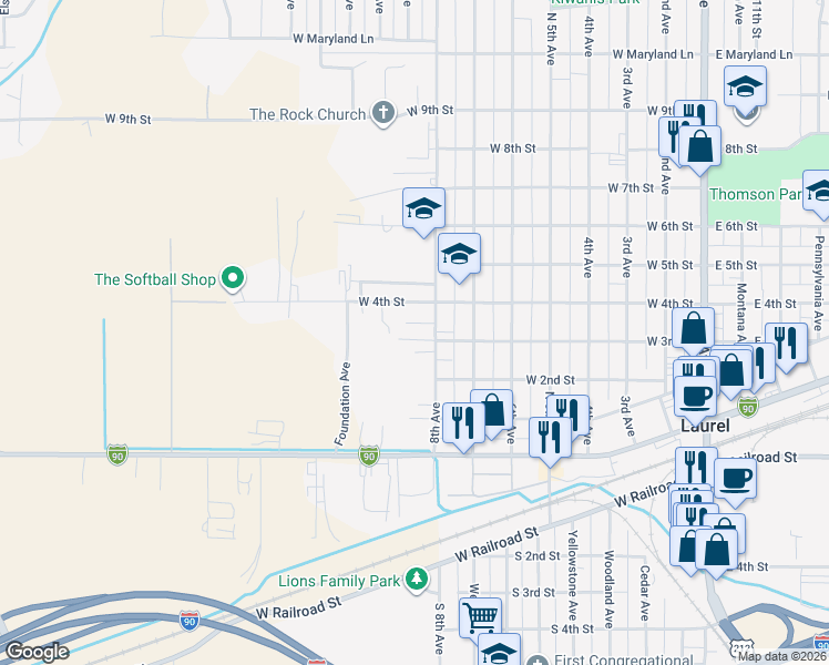 map of restaurants, bars, coffee shops, grocery stores, and more near 820 West 4th Street in Laurel