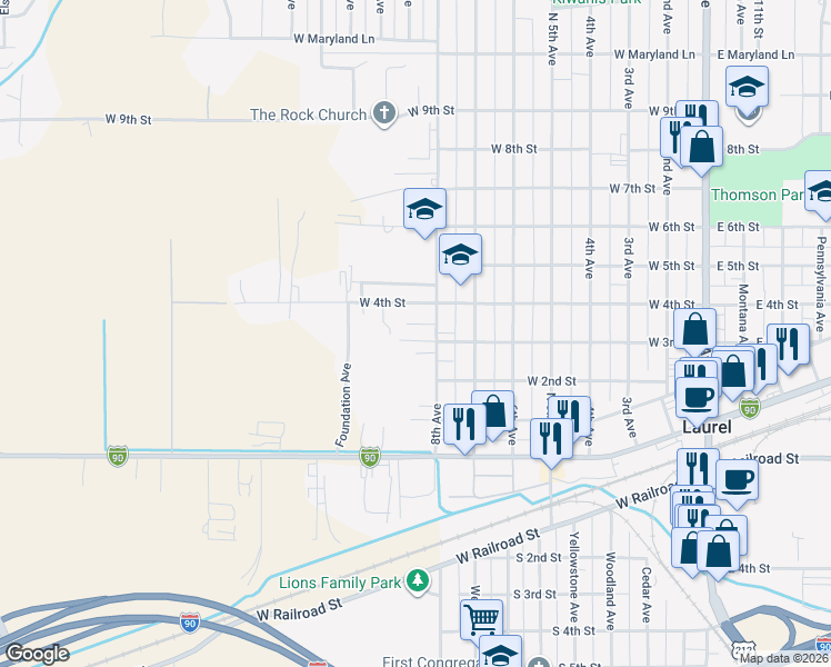 map of restaurants, bars, coffee shops, grocery stores, and more near 815 West 3rd Street in Laurel