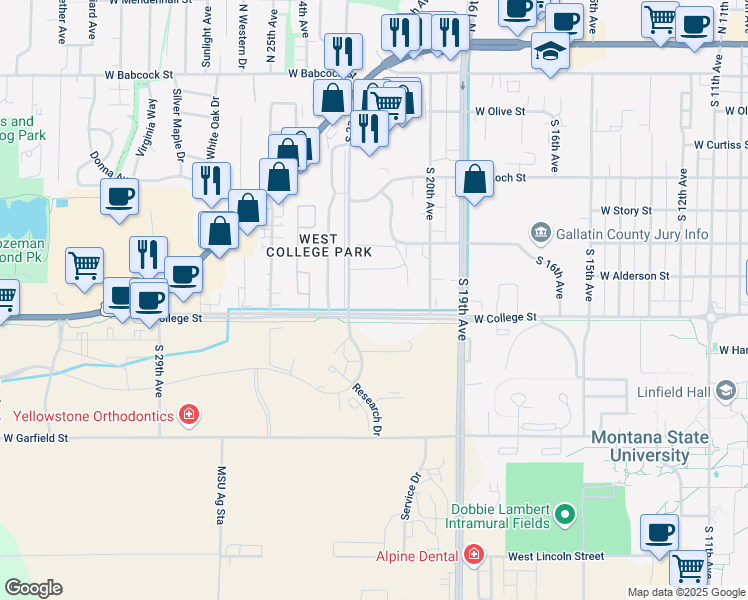 map of restaurants, bars, coffee shops, grocery stores, and more near 2205 West College Street in Bozeman