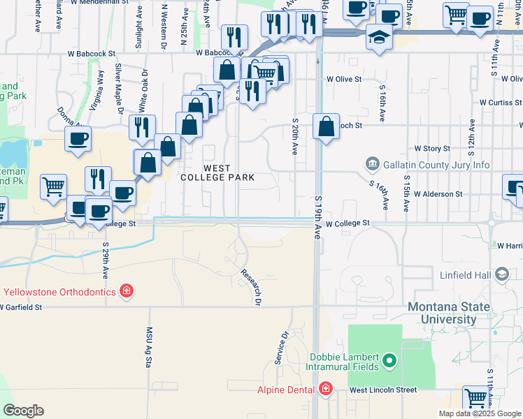 map of restaurants, bars, coffee shops, grocery stores, and more near 2205 West College Street in Bozeman