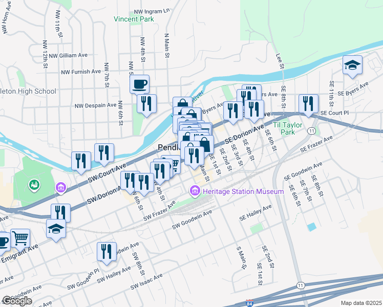 map of restaurants, bars, coffee shops, grocery stores, and more near in Pendleton