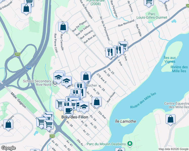map of restaurants, bars, coffee shops, grocery stores, and more near 348 Boulevard Adolphe-Chapleau in Bois-des-Filion