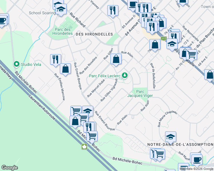 map of restaurants, bars, coffee shops, grocery stores, and more near Rue Françoise Loranger in Blainville