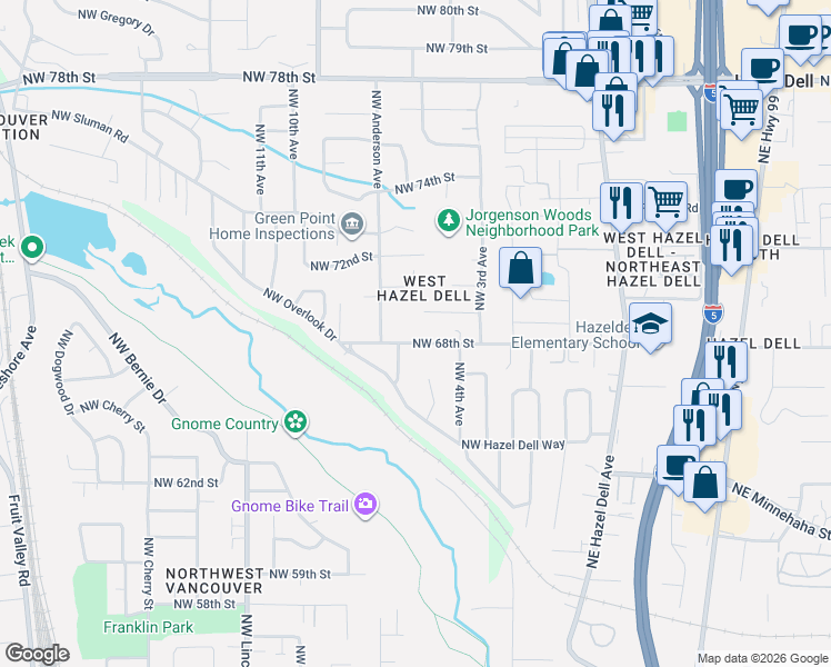 map of restaurants, bars, coffee shops, grocery stores, and more near 510 Northwest 68th Street in Vancouver