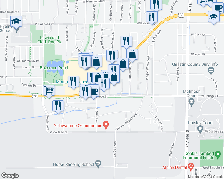 map of restaurants, bars, coffee shops, grocery stores, and more near 2621 West College Street in Bozeman