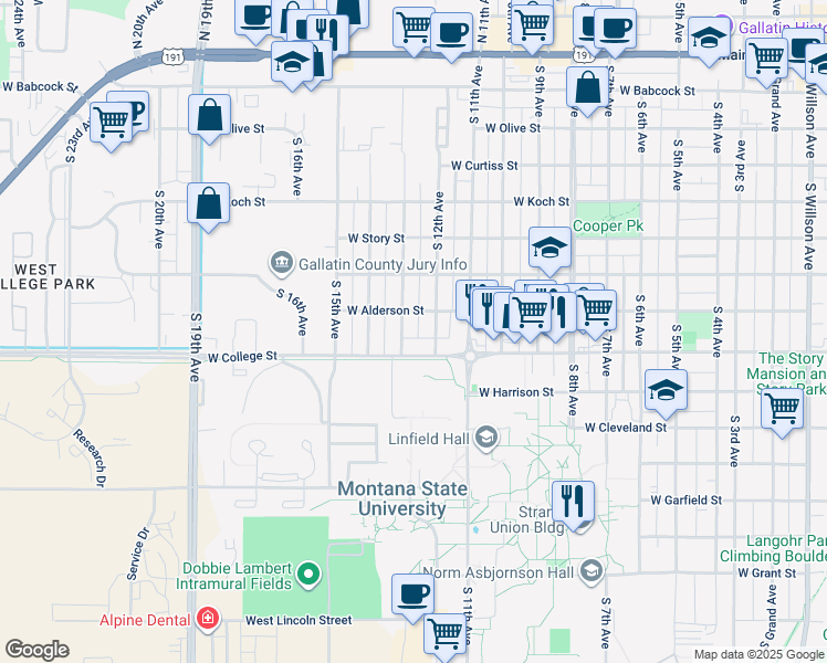 map of restaurants, bars, coffee shops, grocery stores, and more near 709 South 12th Avenue in Bozeman