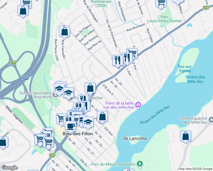 map of restaurants, bars, coffee shops, grocery stores, and more near Avenue 27e in Bois-des-Filion