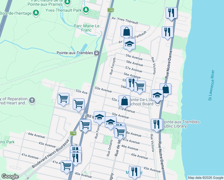 map of restaurants, bars, coffee shops, grocery stores, and more near 1933 53e Avenue in Montréal