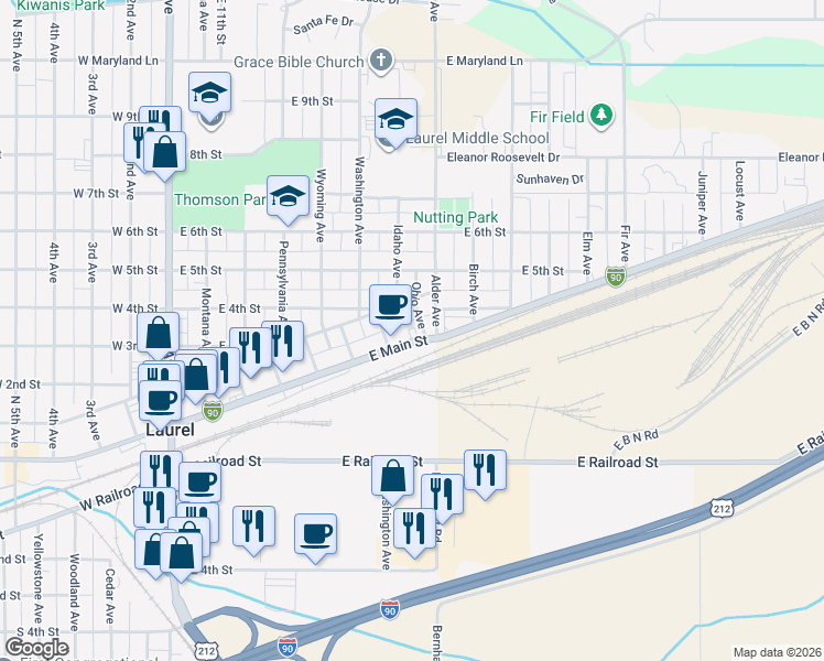 map of restaurants, bars, coffee shops, grocery stores, and more near 711 East Main Street in Laurel