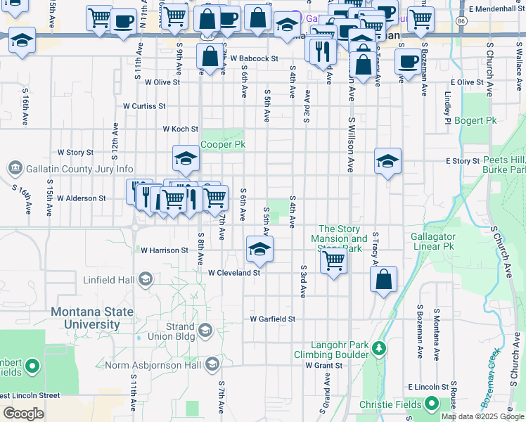 map of restaurants, bars, coffee shops, grocery stores, and more near 711 South 5th Avenue in Bozeman