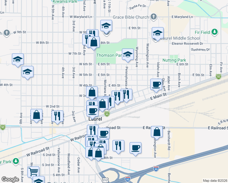 map of restaurants, bars, coffee shops, grocery stores, and more near 313 Montana Avenue in Laurel