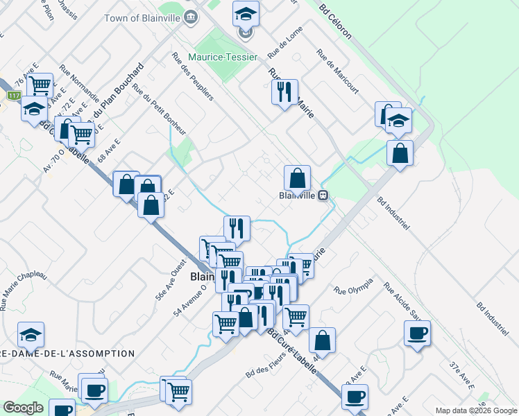 map of restaurants, bars, coffee shops, grocery stores, and more near 110 54e Avenue East in Blainville