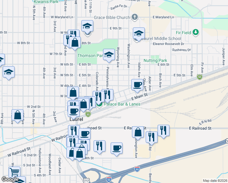 map of restaurants, bars, coffee shops, grocery stores, and more near 411 E 1st St in Laurel