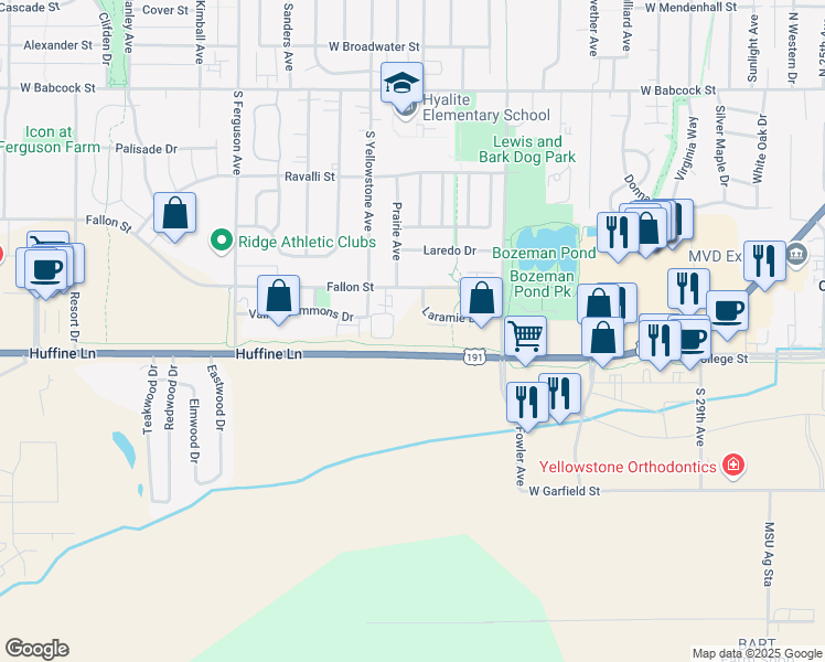 map of restaurants, bars, coffee shops, grocery stores, and more near 707 Laramie Drive in Bozeman