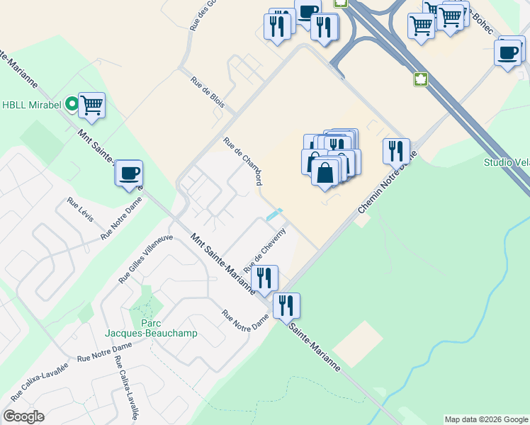 map of restaurants, bars, coffee shops, grocery stores, and more near 18211 Rue de Brissac in Mirabel