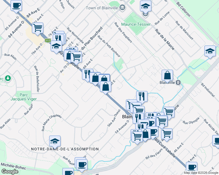 map of restaurants, bars, coffee shops, grocery stores, and more near 5 Avenue 62 Est in Blainville