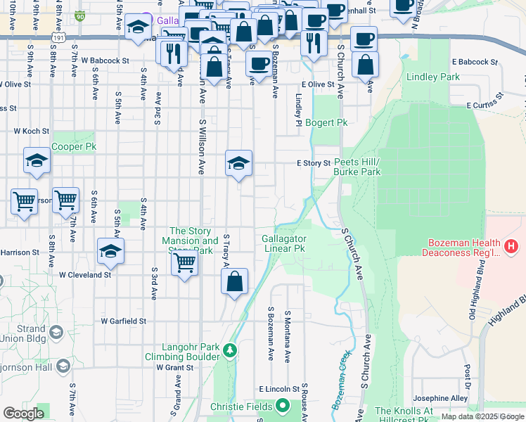 map of restaurants, bars, coffee shops, grocery stores, and more near 127A East Alderson Street in Bozeman