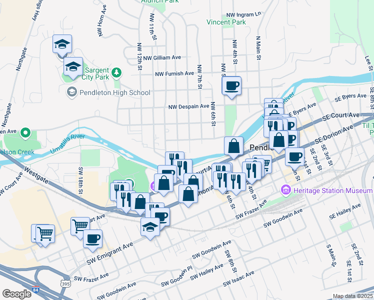 map of restaurants, bars, coffee shops, grocery stores, and more near 9 Northwest 8th Street in Pendleton
