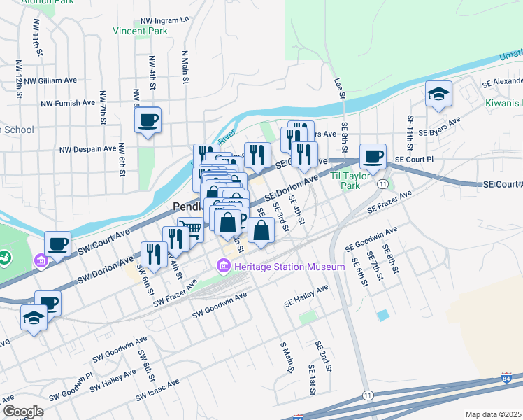 map of restaurants, bars, coffee shops, grocery stores, and more near 326 Southeast 2nd Street in Pendleton